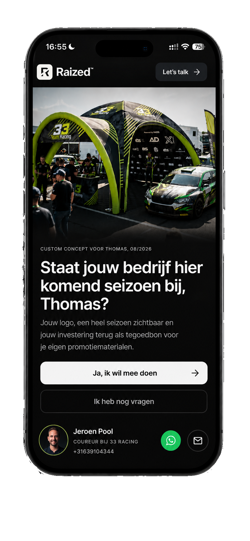Telefoon met een Raized™-sponsorpagina